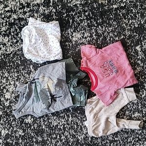 2 onsies, short outfit (never been worn), bottoms,  0-3 months